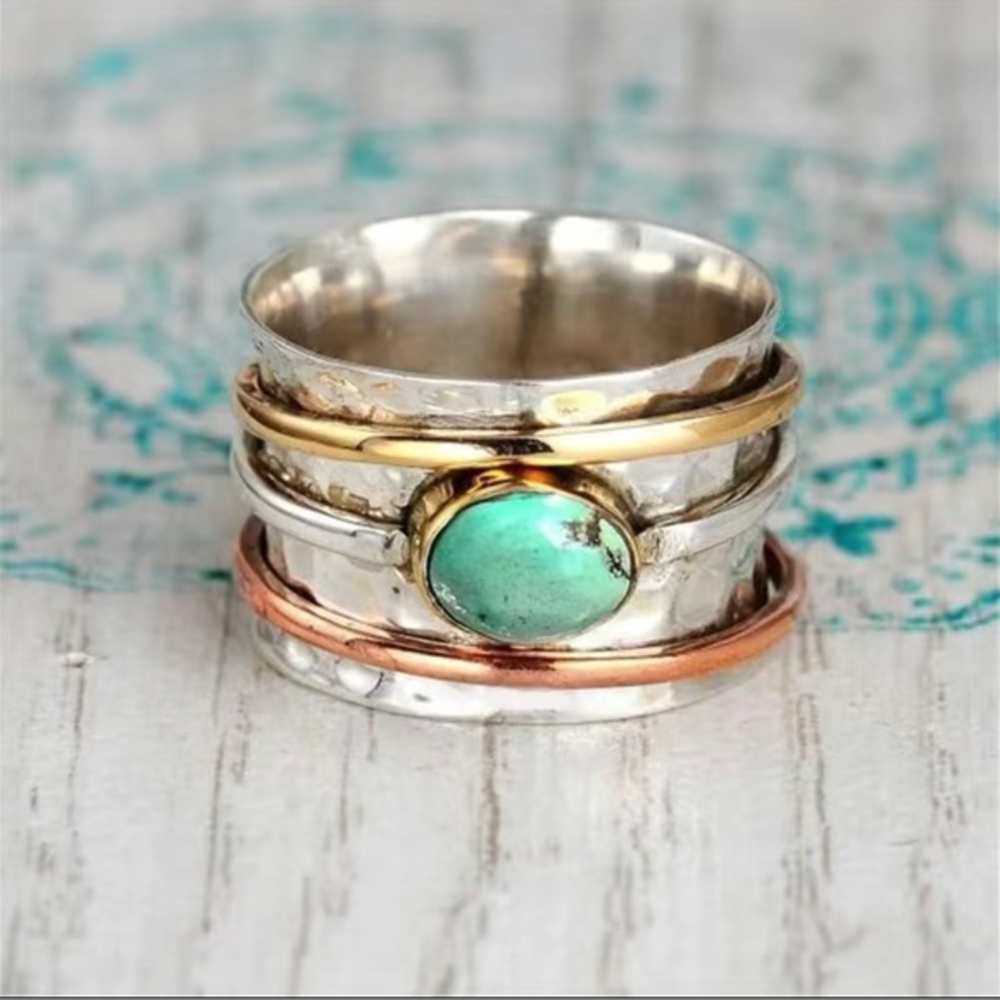 Elegant Silver and Gold Stacked Ring with Turquoise Stone
